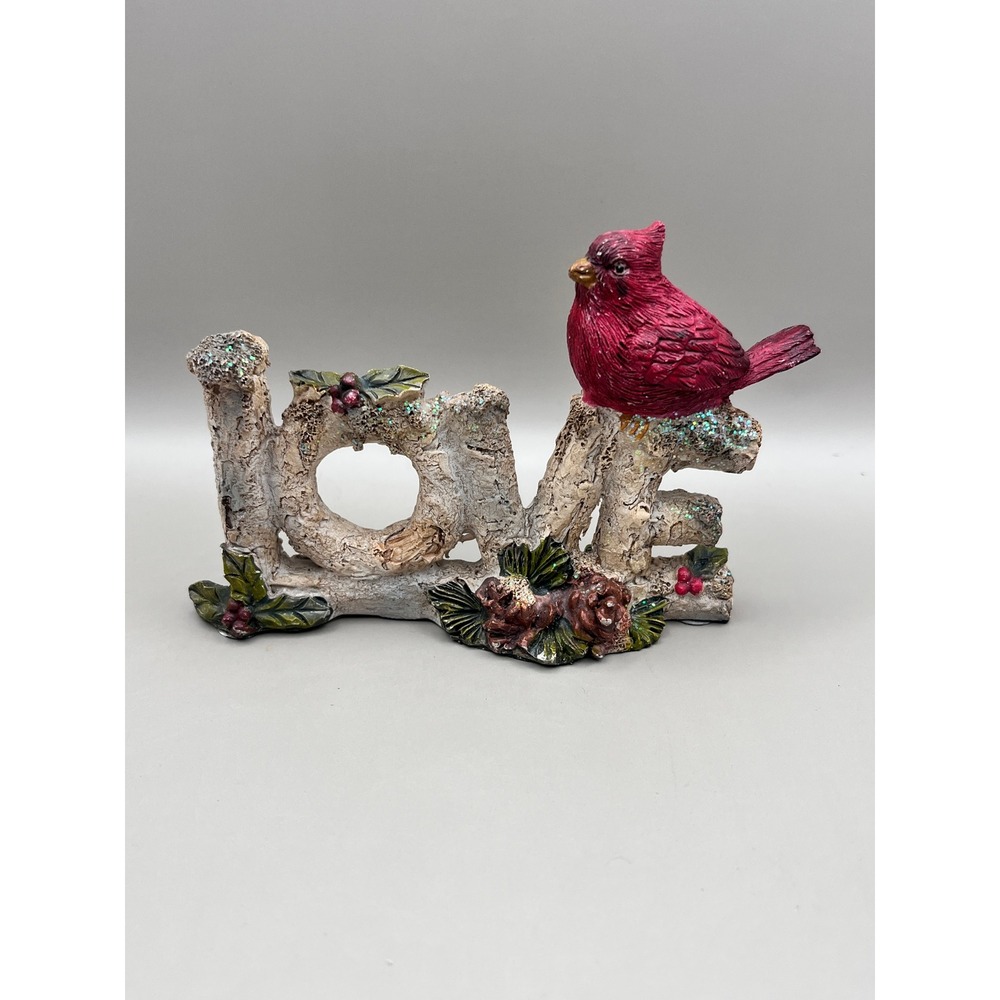 Rusticâ Red Cardinal Bird LOVE Resin Figurine Woodland Birch Log Winter Decor